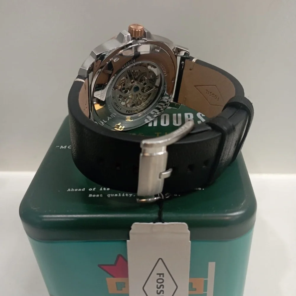 NWT BQ2428 FOSSIL Privateer Sport Mechanical Black Leather Automatic Watch